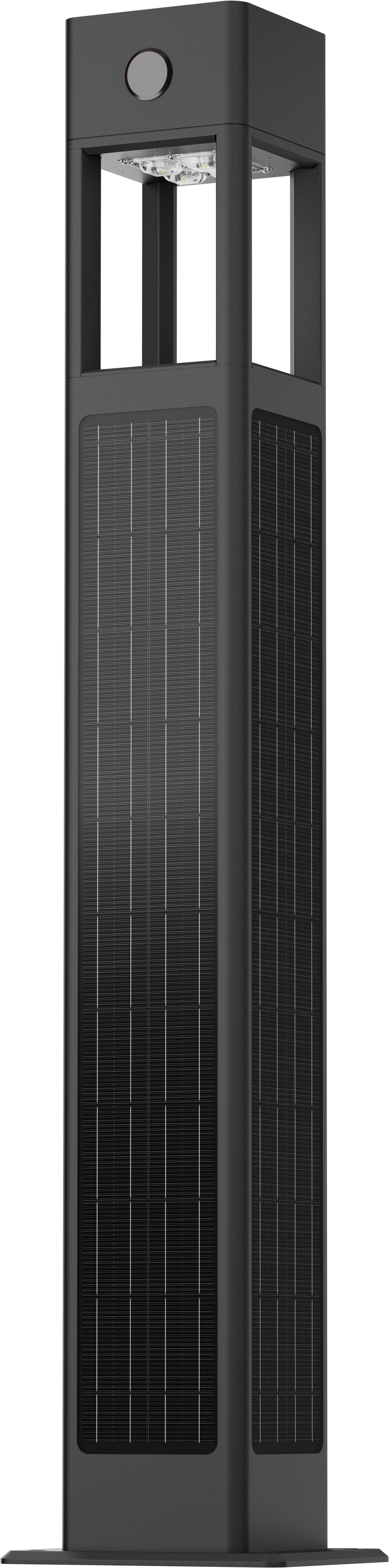 Solar bollard and pole lighting illuminating a commercial walkway at night